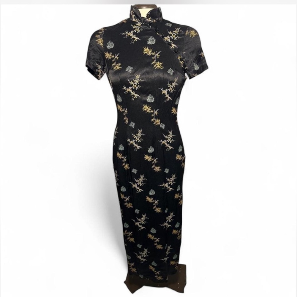 Alyn Paige 90’s Black Satin Floral Mandarin Collar Maxi Dress Size 5/6